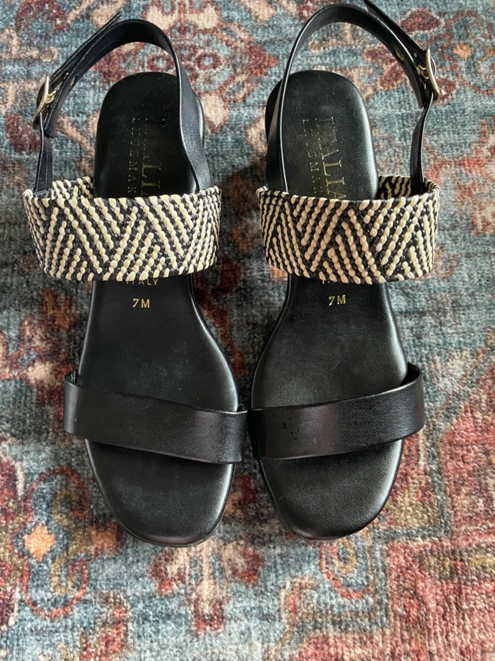 Italian Shoemakers Black Leather Sandals with Braided Natural-Strap